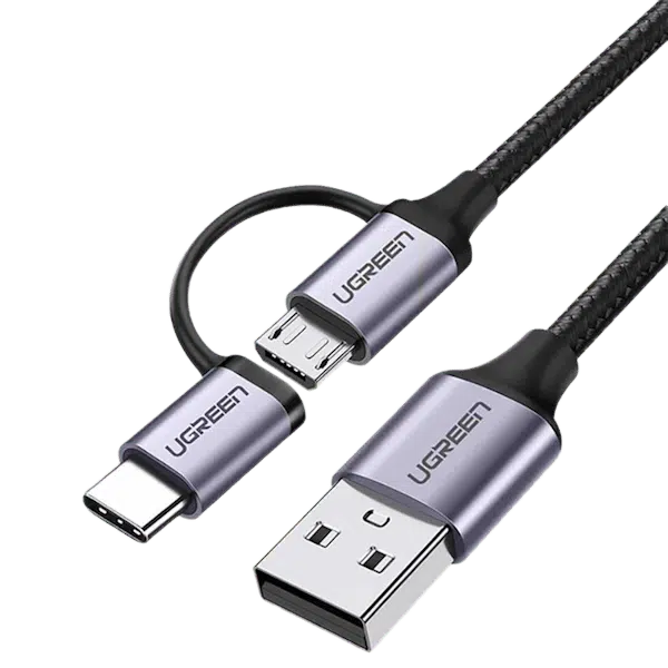 کابل شارژ و دیتا 2.4 آمپر USB به USB-C و Micro USB یوگرین مدل US177 کد 30875