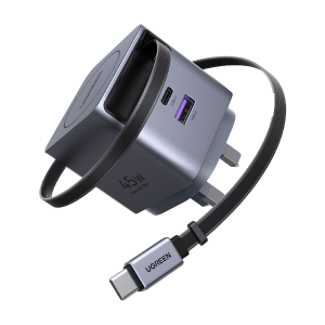 شارژر دیواری با کابل جمع شونده(retractable) 45 وات با یک پورت USB-C و یک پورت USB-A یوگرین مدل X614 کد 65823